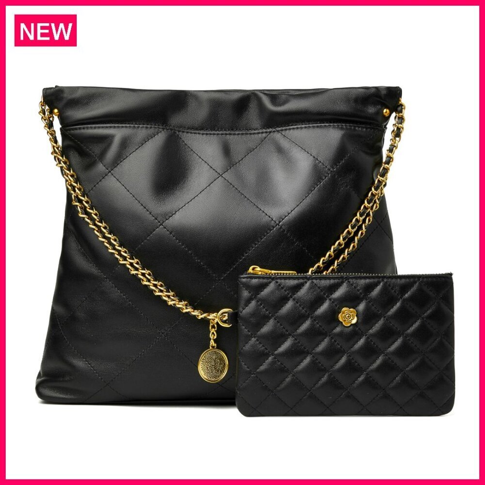 Genuine Leather Quilted Tote Bag Set with Matching Clutch